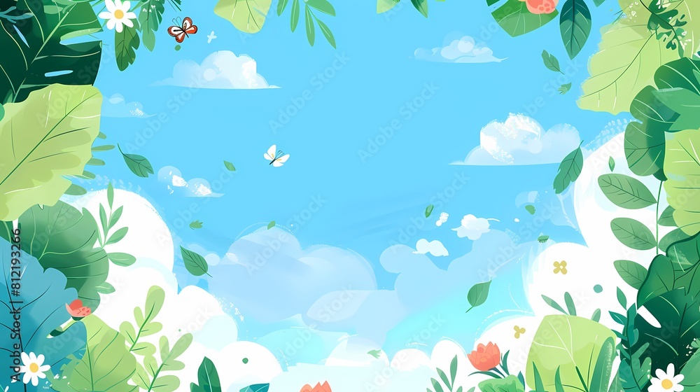 Tranquil nature scene with lush foliage and fluttering butterflies under a clear blue sky Tranquil nature scene with lush foliage and fluttering butterflies under a clear blue sky