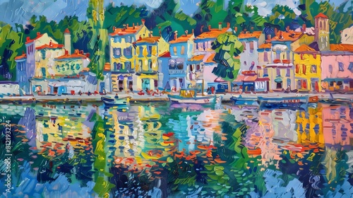 Colorful impressionistic painting of a scenic European waterfront town, ideal for summer and cultural events