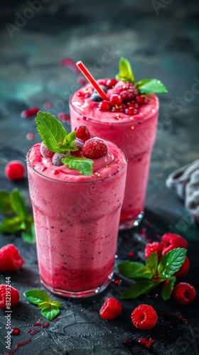 Overflowing with flavor: Munde Berry Smoothie on a fuzzy dark background photo