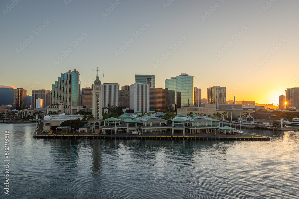 Exposure done at Sunrise of downtown Honolulu while arriving by cruise ship in beautiful Hawaii.