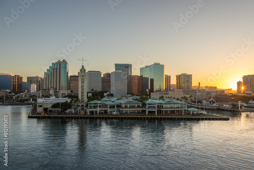 Exposure done at Sunrise of downtown Honolulu while arriving by cruise ship in beautiful Hawaii.