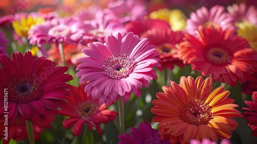   Close-up of numerous flowers  mainly pink  yellow  and red  against a background of varying hues