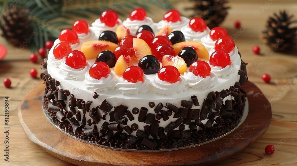 Close-up of cherry cake on wooden platter Close-up of cherry cake on wooden platter