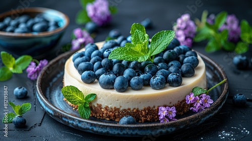   Blueberry cheesecake with mint sprigs on a plate against fresh blueberries