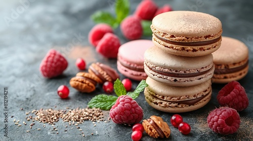   A plate of macaroons resting on a table alongside raspberries and a cup of coffee