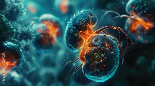 microscopic struggle depicted in the image, where cells are in a state of alert, fighting off the orange-hued invaders indicative of a kidney infection.