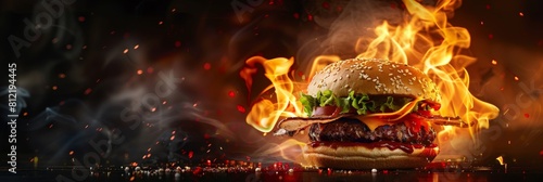 The image shows a hamburger on fire with flames and sparks. photo
