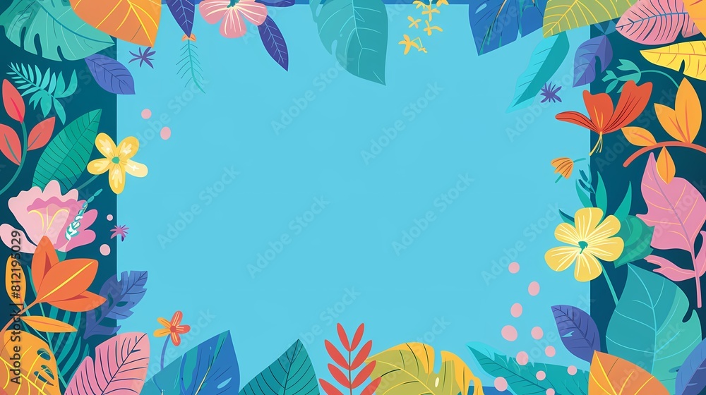 Fototapeta premium Tropical leaf border with a serene blue background