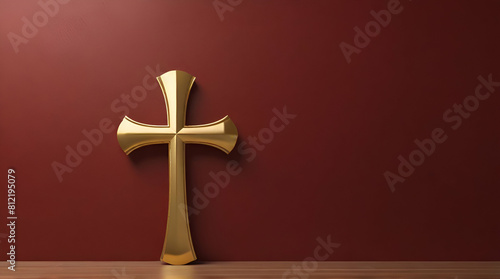 Catholic gold cross on vivd red background, religious concept. Genrative.ai photo