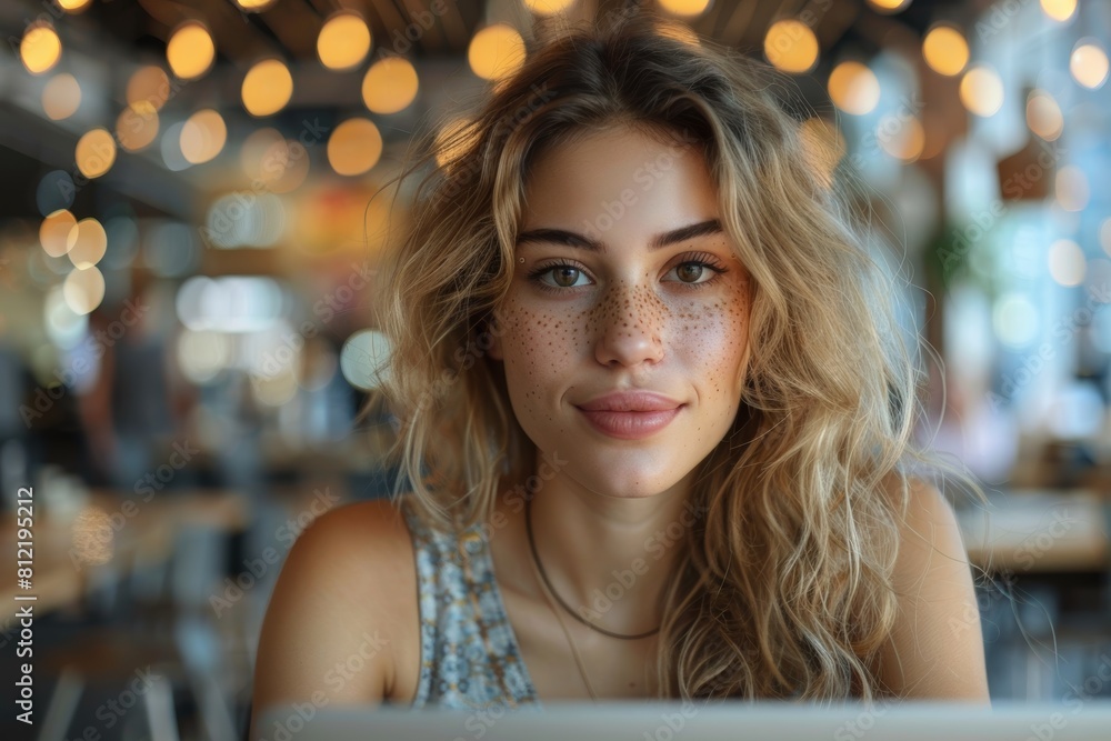 Portrait of a Smiling Young Woman with Freckles and Curly Hair
Portrait of a Smiling Young Woman with Freckles and Curly Hair