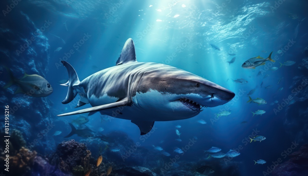 The great White Shark in the ocean, portrait of White shark hunting prey in the underwater The great White Shark in the ocean, portrait of White shark hunting prey in the underwater