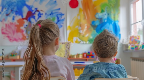 Back view. A little girl and a little boy sit in a bright classroom, looking at the colorful children's graffiti wall on the classroom wall.