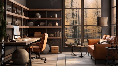 Formulate an inviting, earth-toned home office with natural wood and soothing color palettes photo