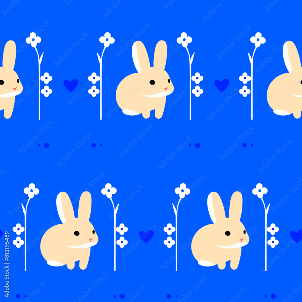 Cheerful Bunny Garden - Vibrant Blue Background with Rabbit and Flowers Pattern