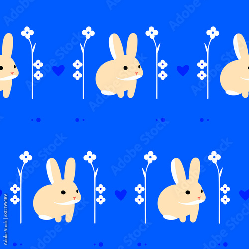Obraz na płótnie Cheerful Bunny Garden - Vibrant Blue Background with Rabbit and Flowers Pattern w salonie