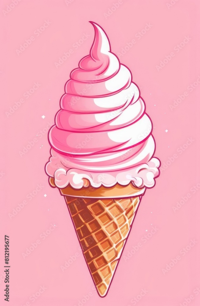 illustration of big pink strawberry ice cream in waffle cone, isolated on pink background, copy space, minimalism, cold and sweet children's treat illustration of big pink strawberry ice cream in waffle cone, isolated on pink background, copy space, minimalism, cold and sweet children's treat