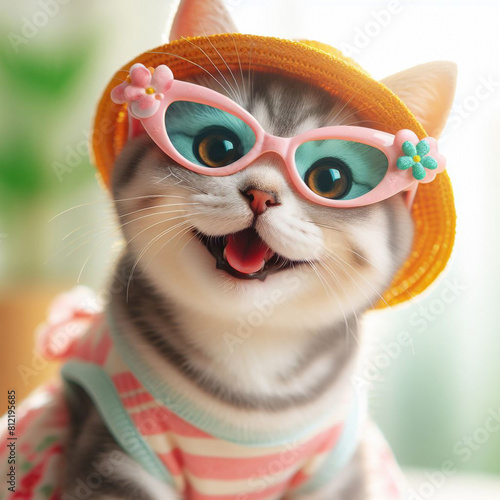 Happy smile kitty Cat wears sunglasses with a summer season costume isolated on the background  pets summer  lovely cat  holiday vacation.