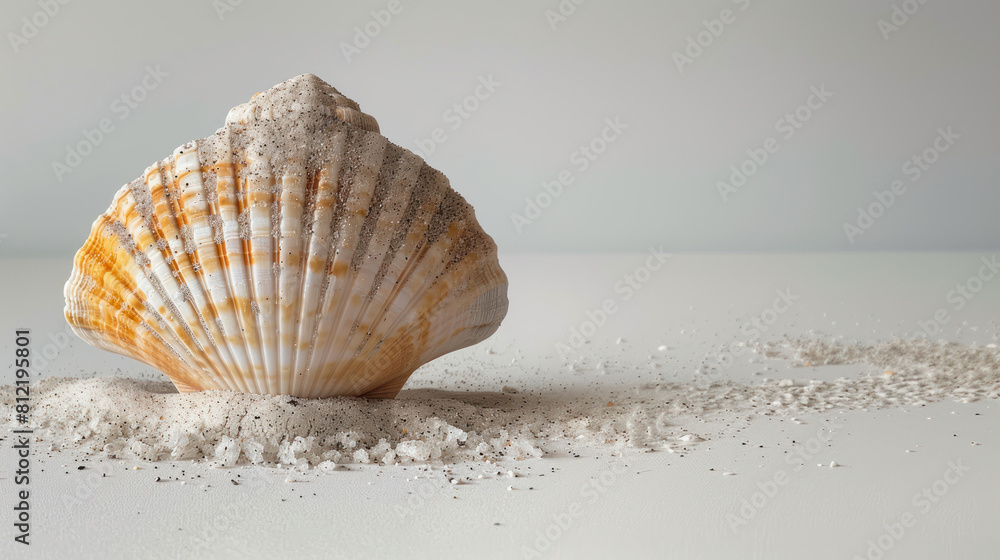 large scallop shell on sandy surface with soft background large scallop shell on sandy surface with soft background
