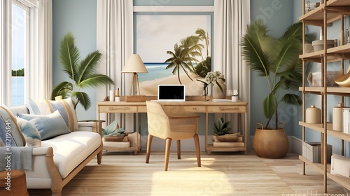 Imagine a coastal bohemian home office with natural fibers and beachy  laid-back vibes