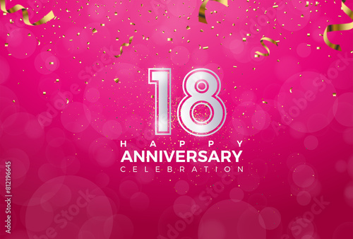18th Anniversary celebration, 18 Anniversary celebration, Realistic 3d sign, stars, Pink background, festive illustration, Silver number 18 sparkling confetti, 18,19
 photo