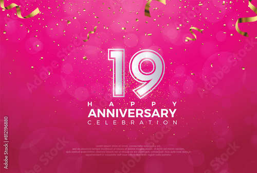 19th Anniversary celebration, 19 Anniversary celebration, Realistic 3d sign, stars, Pink background, festive illustration, Silver number 19 sparkling confetti, 19,20