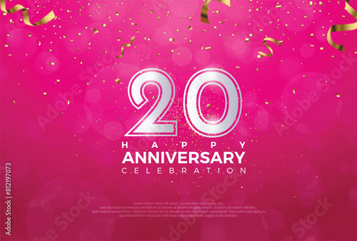 20th Anniversary celebration, 20 Anniversary celebration, Realistic 3d sign, stars, Pink background, festive illustration, Silver number 20 sparkling confetti, 20,21