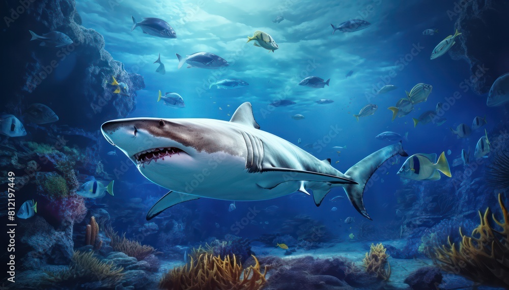 Fototapeta premium The great White Shark in the ocean, portrait of White shark hunting prey in the underwater