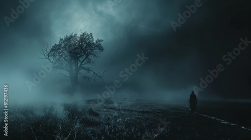 Eerie moonlit fog with a mysterious figure for Halloween or thriller themes