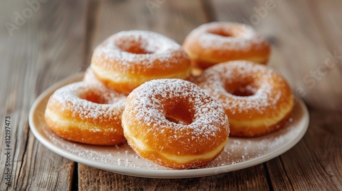 Wallpaper Mural Delicious fresh fried donuts dusted with powdered sugar presented on a white plate set against a rustic wooden background Torontodigital.ca