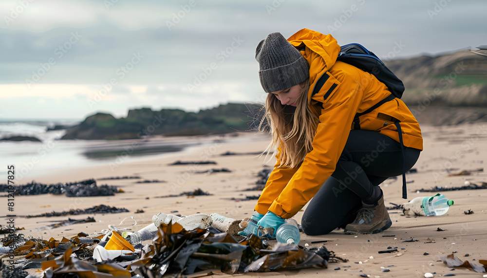volunteer picking up trash on sandy beach, highlighting ocean pollution and concept of eco-friendly actions volunteer picking up trash on sandy beach, highlighting ocean pollution and concept of eco-friendly actions