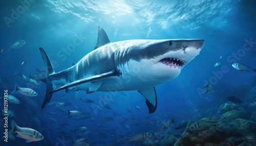 Wallpaper Mural The great White Shark in the ocean, portrait of White shark hunting prey in the underwater Torontodigital.ca