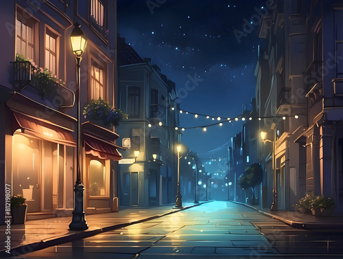 Charming evening street with string lights