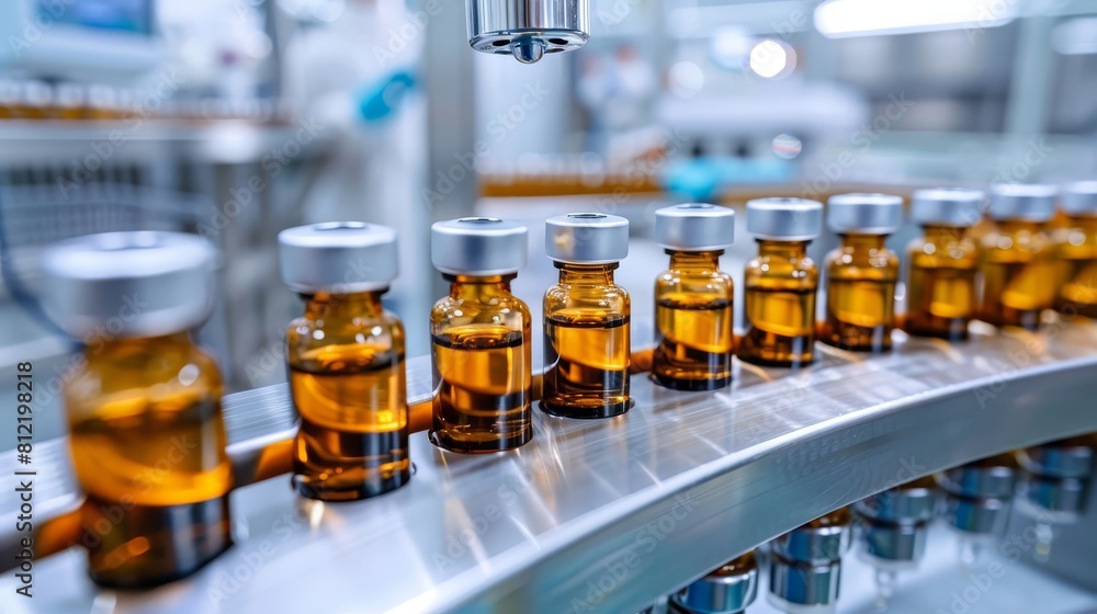 Industrial shot of a continuous production line in a pharmaceutical factory, with medical vials being prepared for distribution Industrial shot of a continuous production line in a pharmaceutical factory, with medical vials being prepared for distribution