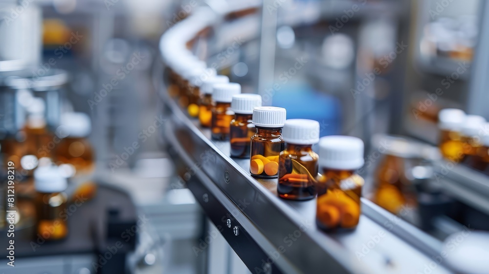 Industrial shot of a continuous production line in a pharmaceutical factory, with medical vials being prepared for distribution Industrial shot of a continuous production line in a pharmaceutical factory, with medical vials being prepared for distribution