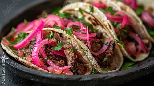 A closeup of Beef brisket tacos with pickled onions and cilantro, Fresh food serving