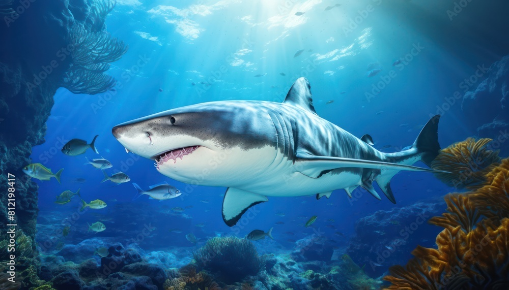Fototapeta premium The great White Shark in the ocean, portrait of White shark hunting prey in the underwater