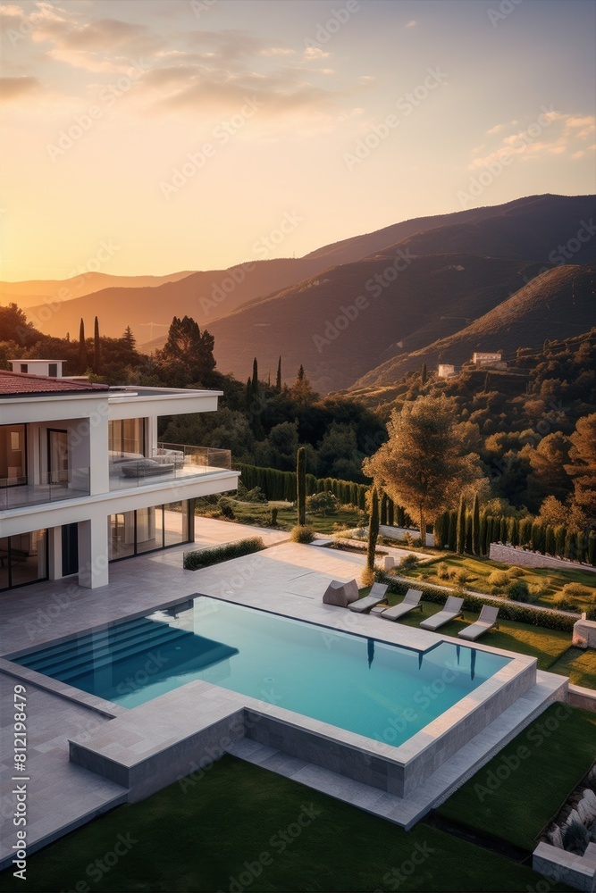 Luxury villa aerial view. A natural landscape with a building on a hill with a swimming pool overlooking the sunset, surrounded by sky, mountains, clouds, and light