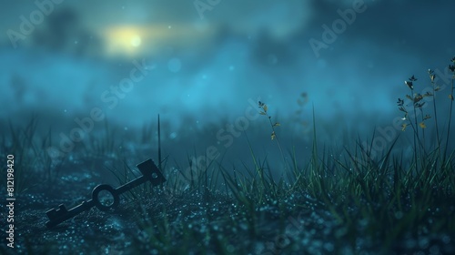 Enchanted night scene with a magical key lying in moonlit grass photo