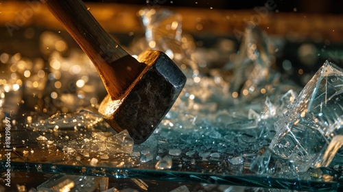 Explosive hammer strike shattering glass in dynamic freeze motion