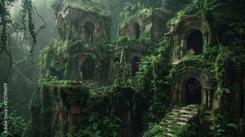 Ancient  multi-tiered structure overgrown with lush vegetation