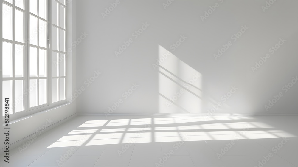 Fototapeta premium Minimalist white room with sunlight streaming through windows