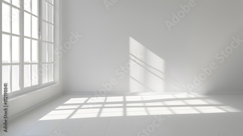 Minimalist white room with sunlight streaming through windows