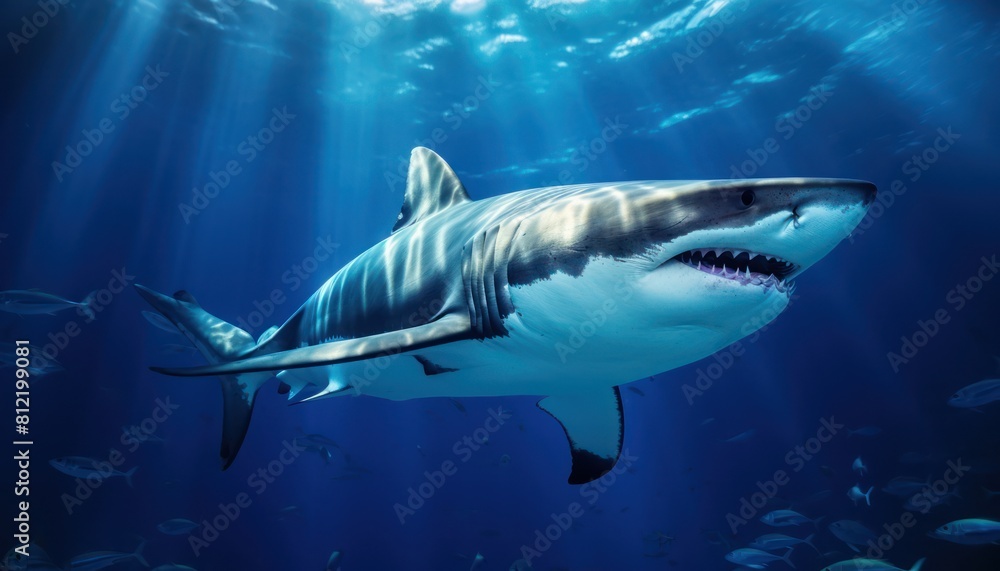 Obraz premium The great White Shark in the ocean, portrait of White shark hunting prey in the underwater