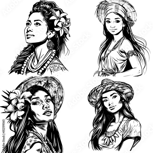 Four vector drawings of hawaiian woman, black and white cliparts