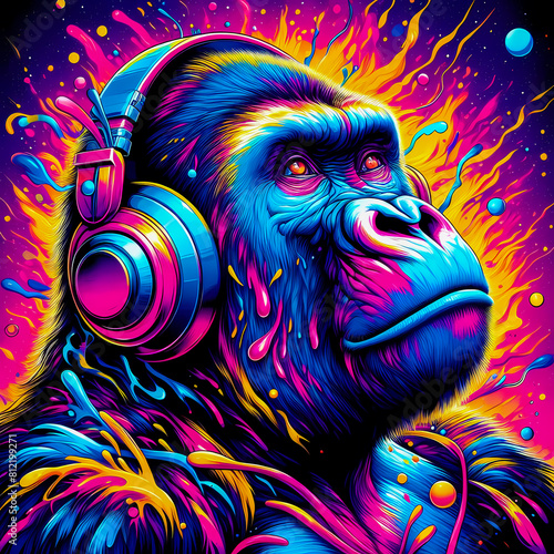 Digital art vibrant colorful cool gorilla wearing headphones vibin to music © The A.I Studio