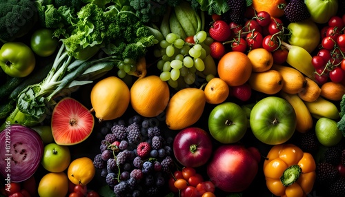 Vibrant close-up of a healthy mix of fruits and vegetables  emphasizing the variety of natures palette