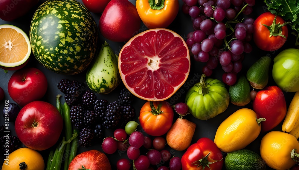 Vibrant close-up of a healthy mix of fruits and vegetables, emphasizing the variety of natures palette Vibrant close-up of a healthy mix of fruits and vegetables, emphasizing the variety of natures palette