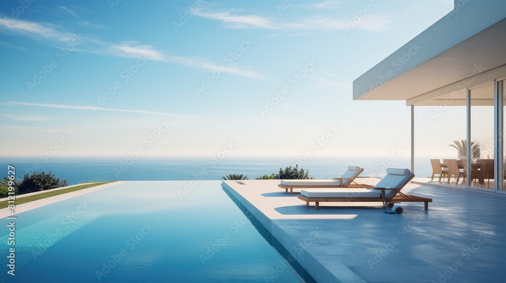 Fototapeta premium A minimalistic modern building with a swimming pool in front, surrounded by outdoor furniture and shaded by clouds in the azure sky. A perfect property for real estate