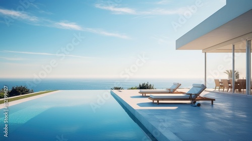 A minimalistic modern building with a swimming pool in front  surrounded by outdoor furniture and shaded by clouds in the azure sky. A perfect property for real estate