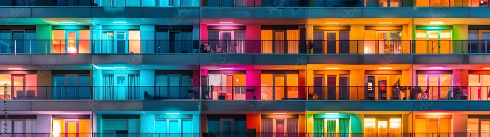 Colorful modern building facade with vibrant illuminated balconies, illuminated balconies in a variety of colors, wide angle, banner. Colorful modern building facade with vibrant illuminated balconies, illuminated balconies in a variety of colors, wide angle, banner.
